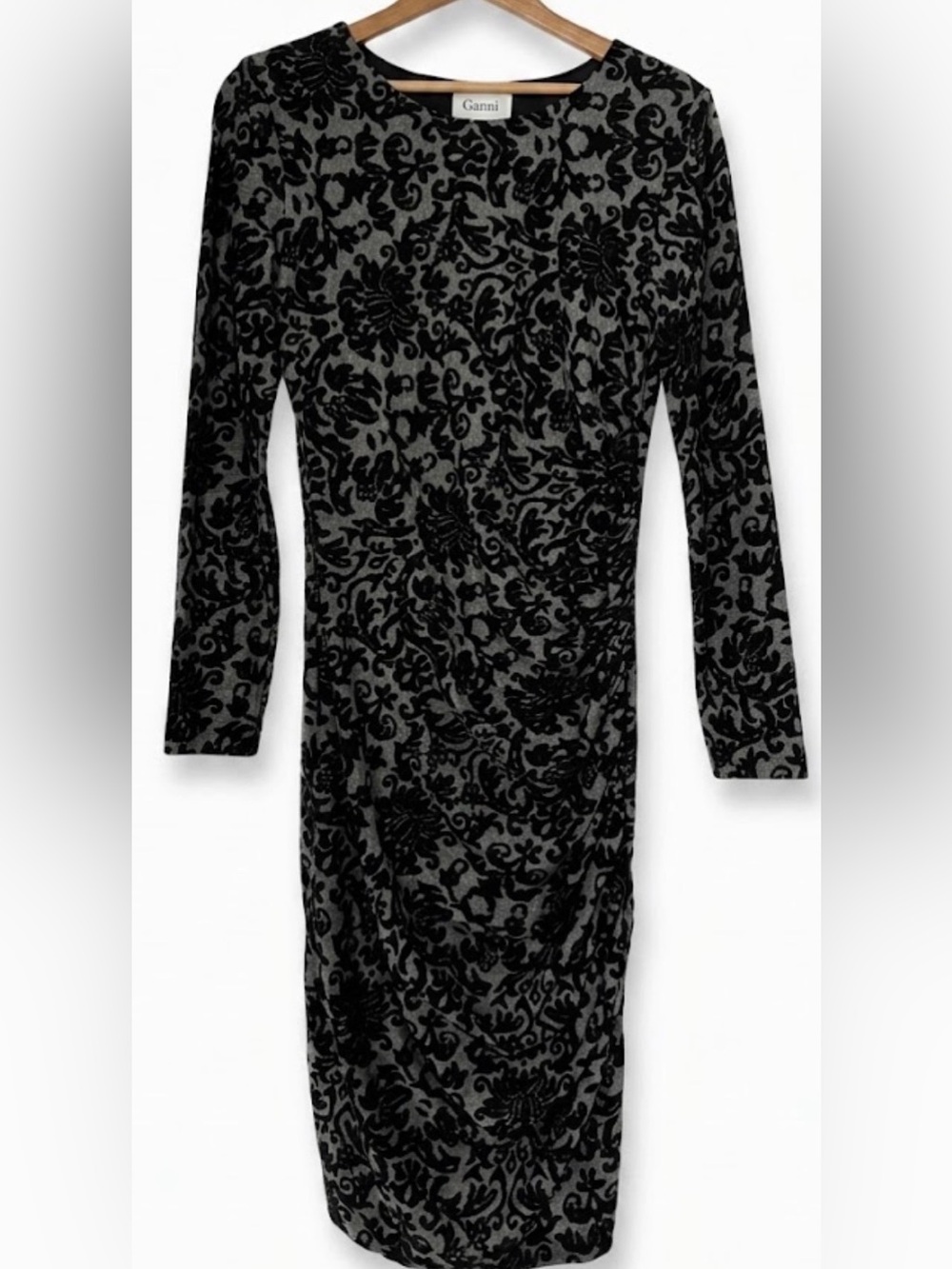 GANNI Anthropologie Monica Ruched Damask Midi Bodycon Dress Size M Velvet